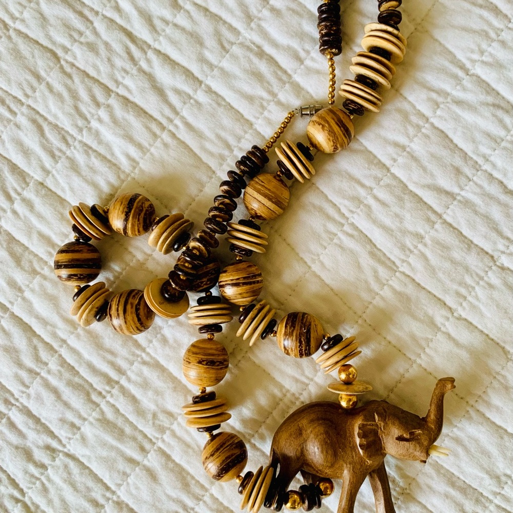Handcrafted wood and brass elephant necklace
